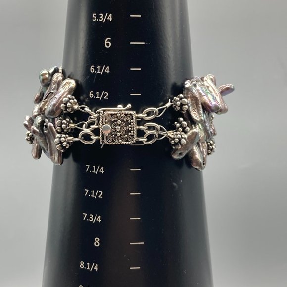 Vintage Triple Strand Biwa Pearl and Cut Crystal Bracelet with Sterling Silver - Picture 7 of 7